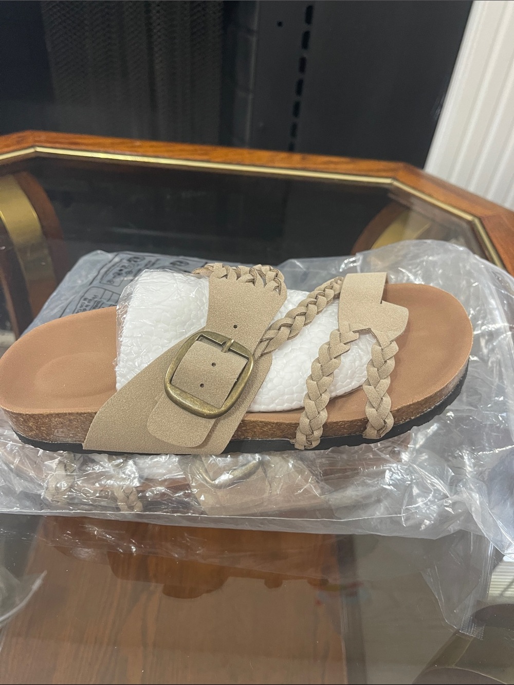 Beige Braided Slide Sandal with Buckle